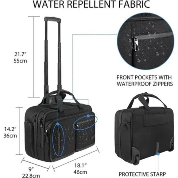17.3 Inch Rolling Laptop Bag with RFID Pockets, Waterproof For Men, Women, Black - Picture 3 of 7